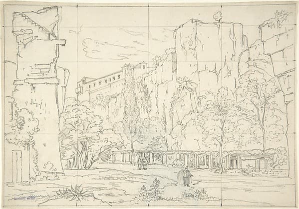 Italian View: A Pathway and Arbor at the Base of Cliffs — Friedrich Salathé