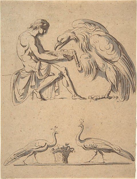 Jupiter, disguised as an eagle, with Ganymede, and a sketch of  two peacocks — Nicolai Abildgaard
