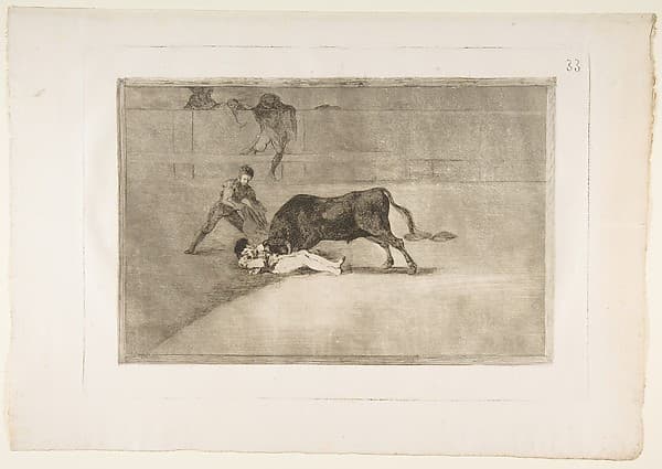 Plate 33 from "La Tauromaquia": The unlucky death of Pepe Illo in the ring at Madrid — Francisco Goya