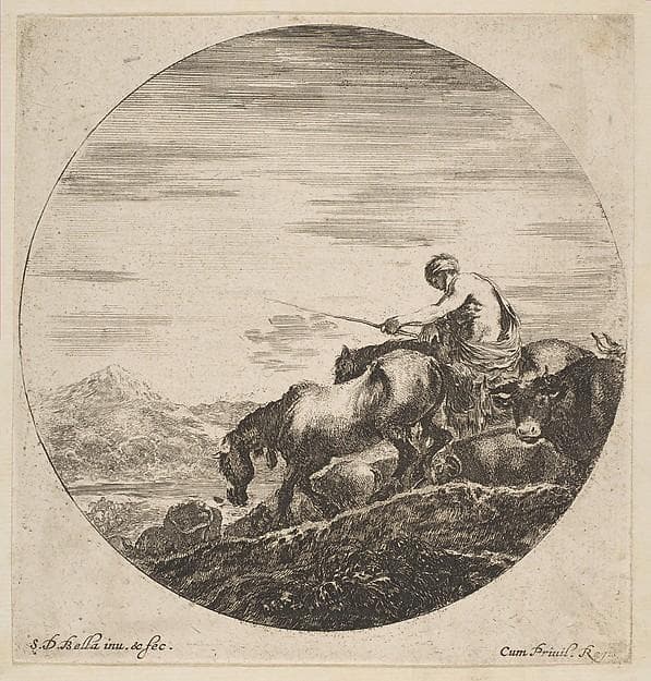 Herdsman on horseback drives animals, from 'Six animal subjects' (Six sujets d'animaux) — Stefano Della Bella