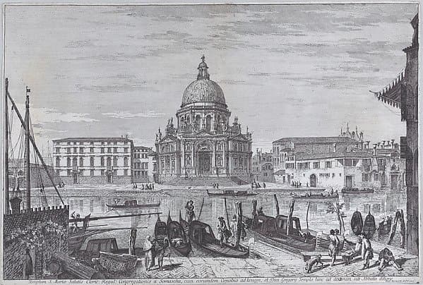 The church of Santa Maria della Salute seen across the water with gondolas in the foreground — Michele Marieschi