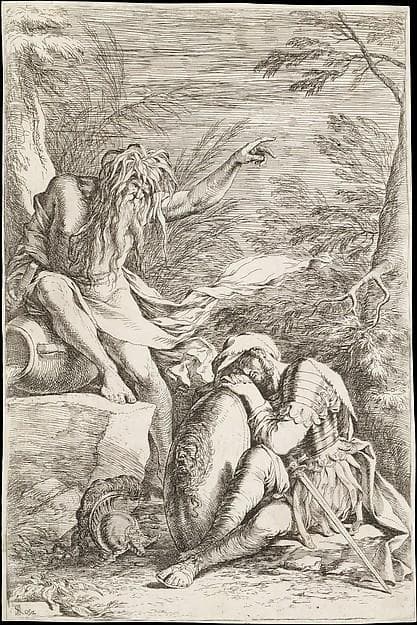 Dream of Aeneas: Aeneas rests his head on his hands atop his shield, while the river god Tiber leans on a vessel and points upward with his left hand — Salvator Rosa