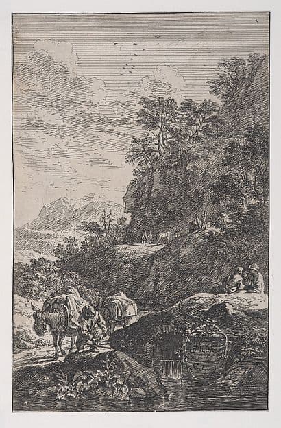 Plate 1: a peasant checking the hoof of his mule by a stream, from 'Landscapes in the manner of Salvator Rosa' (Die Landschaften in Sal. Rosa's) — Joachim Franz Beich