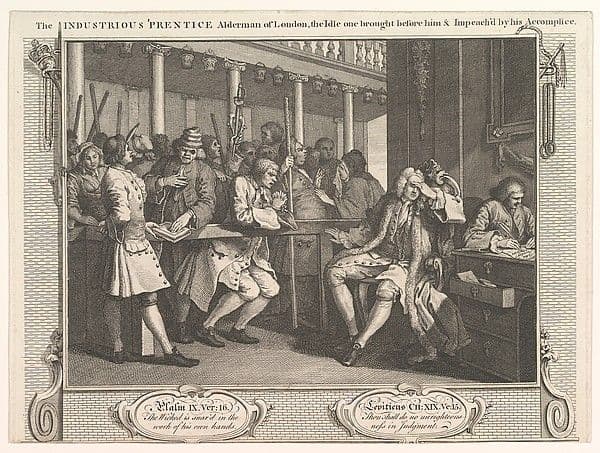 The Industrious 'Prentice Alderman of London, The Idle One Brought Before Him and Impeached by his Accomplices (Industry and Idleness, plate 10) — William Hogarth