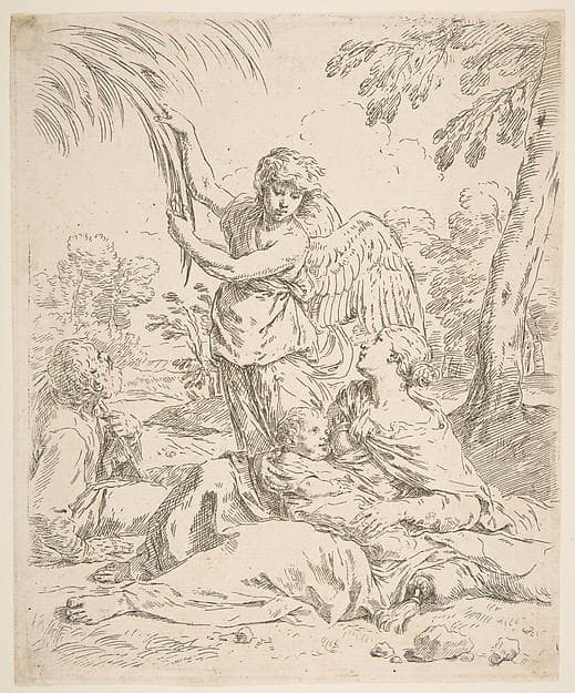 Repose in Egypt, Mary nursing the infant Christ while an angel pulls at tree branches — Simone Cantarini