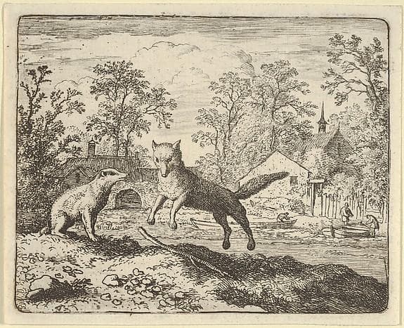 The Badger Imposes as Punishment to Jump Three Times Over a Stick on the Ground from Hendrick van Alcmar's Renard The Fox — Allaert van Everdingen