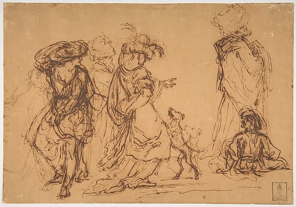 Five Figures in Fantastic Costumes with Two Dogs — Salvator Rosa