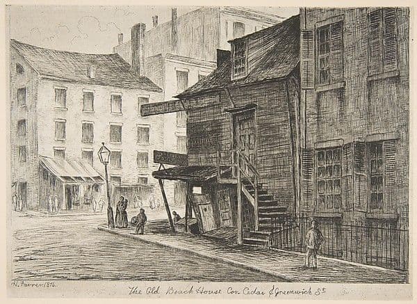 The Old Beach House, Corner of Cedar and Greenwich Streets, from "Scenes of Old New York" — Henry Farrer