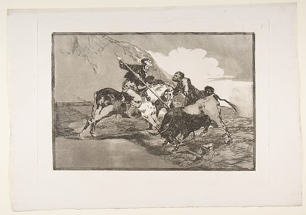 Plate 1 from "La Tauromaquia": The way in which the ancient Spaniards hunted bulls on horseback in the open country — Francisco Goya