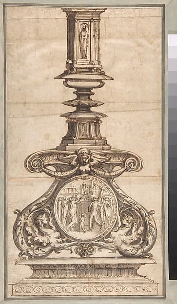 Design of a Candlestick with Winged Figures at Base Surrounding Scenic Medallion — Perino del Vaga