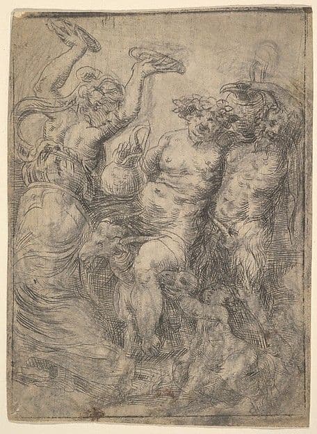 Bacchic revel with Silenus in the centre riding a goat — Andrea Schiavone