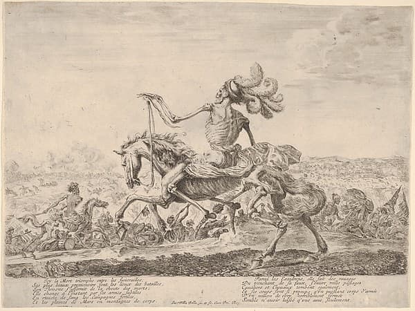 Death on a battlefield, atop a horse riding towards the left, wearing a hat with many feathers, other figures of Death battling to left and right in the background — Stefano Della Bella