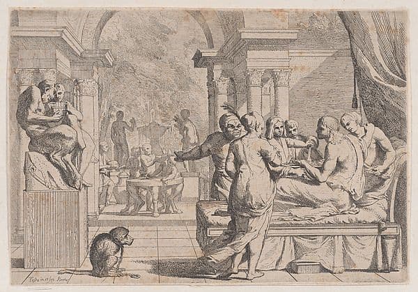 The prodigal son seated on a couch being served wine, revelers in the background, a monkey wearing a collar and chain in the lower left, from a series of four prints — Pietro Testa