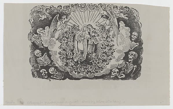 A female saint standing with a cavalier and surrounded by angels and skeletons — José Guadalupe Posada