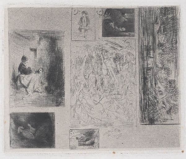 Composite plate: Woman and Children (a), Old Musician (b), Frying Merchant (c),  Landscape (d), Landscape (e), Praying Monk (f), and Scavenger (g) — Charles Émile Jacque