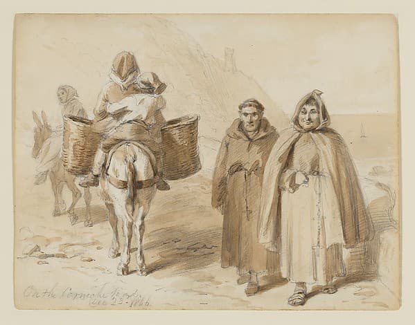 Road scene beside the sea with two women on donkeys (one with a child) and two monks walking. — Felix Octavius Carr Darley