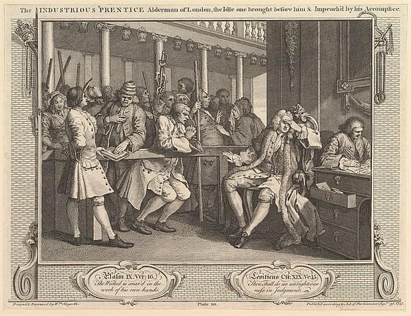 The Industrious 'Prentice Alderman of London, the Idle One Brought Before Him & Impeached by his Accomplice: Industry and Idleness, plate 10 — William Hogarth