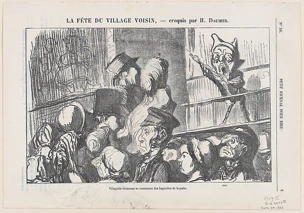 Thrifty villagers, satisfied watching the presentation from the outside, from "A celebration in the neighboring village" — Honoré Daumier