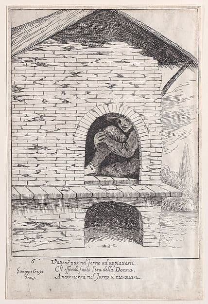 Plate 6: Bertoldo hidden in a furnace, from "Bertoldo, Bertoldino, and Cacasenno" — Giuseppe Crespi