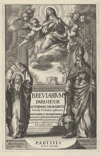 Frontispiece from "Breviarium Parisiense Ac Forman Sacro Sancti Concilij Tridentini restitutum Illvstrissimi et Reverendissimi in Christo Partis D. Joannes Francisci de Gondy...auctoritate... — Grégoire Huret