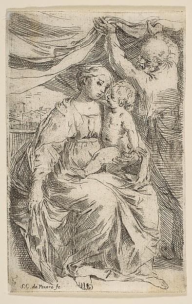 Holy Family with a curtain — Simone Cantarini