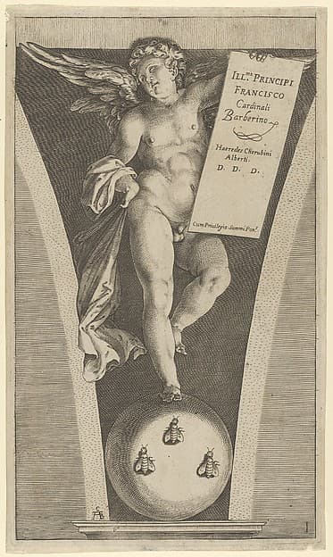 Winged genius holding a tableau, standing on a sphere with three bees — Cherubino Alberti
