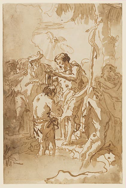 The Baptism of Christ (with Christ Standing at Left Center, His Back Turned, and a Youth Stripping in the Right Foreground) — Giovanni Domenico Tiepolo