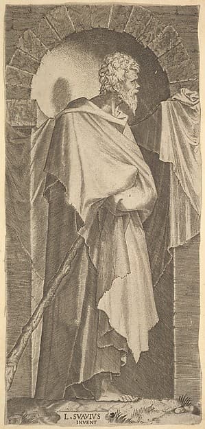 St. James Minor(?) in an arcuated niche, holding a walking stick in his hands, which are covered by his cloak, from "Christ and the Twelve Apostles" — Lambert Suavius
