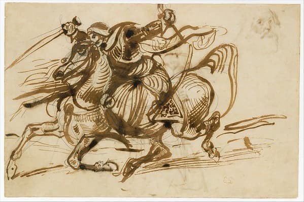 The Giaour on Horseback (recto); Study of a Woman with Head and Arms Thrown Back, and Study of the Head of an Old Man (verso) — Eugène Delacroix