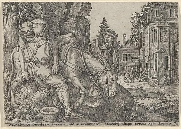 The Good Samaritan Putting the Traveller on His Donkey, from "The Parable of the Good Samaritan" — Heinrich Aldegrever