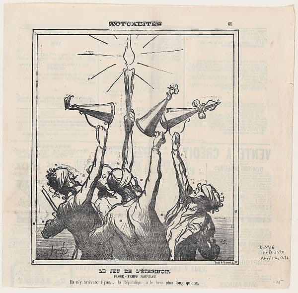 The game with the candle extinguisher, A new pastime: They won't be able to reach it .... the Republic's arms are longer than theirs, from 'News of the day,' published in Le Charivari, April 1-2, 1872 — Honoré Daumier