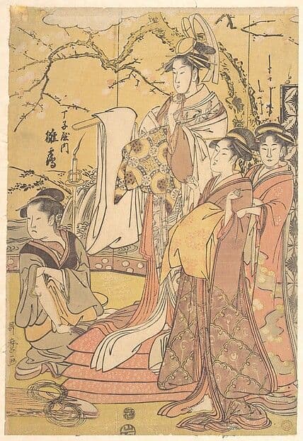 The Oiran Hinazuru of Chojiya Standing upon a Pile of Futon — Utamaro