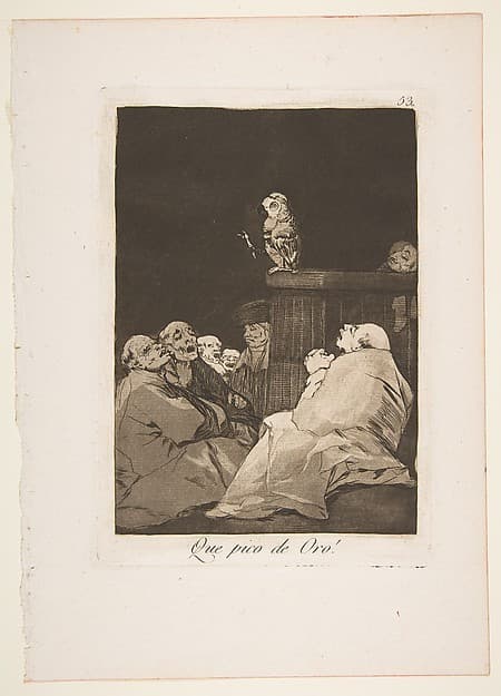 Plate 53 from "Los Caprichos": What a golden beak! (Que pico de Oro!) — Francisco Goya