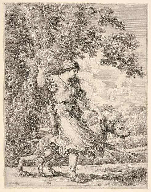 A nymph holding a large dog by the collar, or 'La belle chasseresse' — Stefano Della Bella