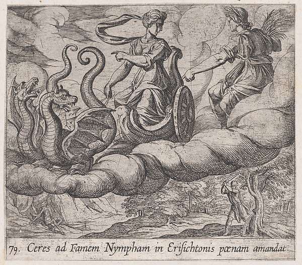 Plate 79: Ceres Ordering Erysichthon's Punishment (Ceres ad Famem Mypham in Erisichtonis paenam amandat), from Ovid's 'Metamorphoses' — Antonio Tempesta