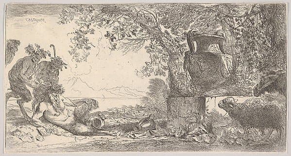Pan reclining at left with two standing satyrs, a large vase on a pedestal at right — Giovanni Benedetto Castiglione
