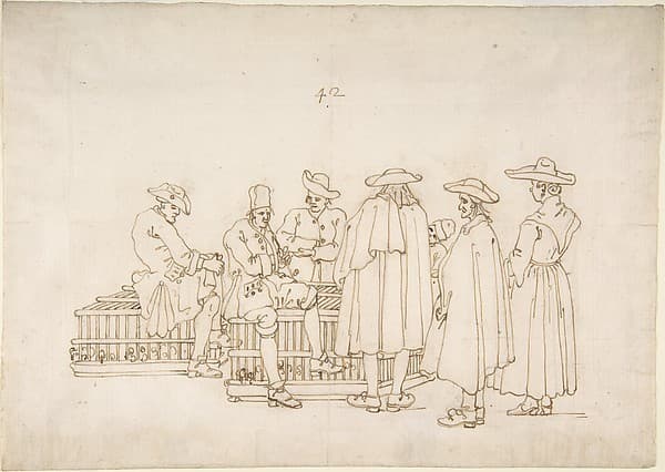 A Group of Figures Surrounding Two Bird-coops — Bernardo Bellotto