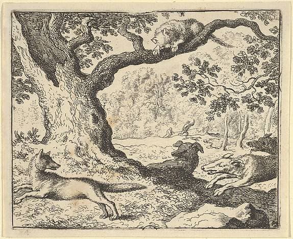 Following Renard's False Story, His Father Is Chased by Hunting Dogs from Hendrick van Alcmar's Renard The Fox — Allaert van Everdingen