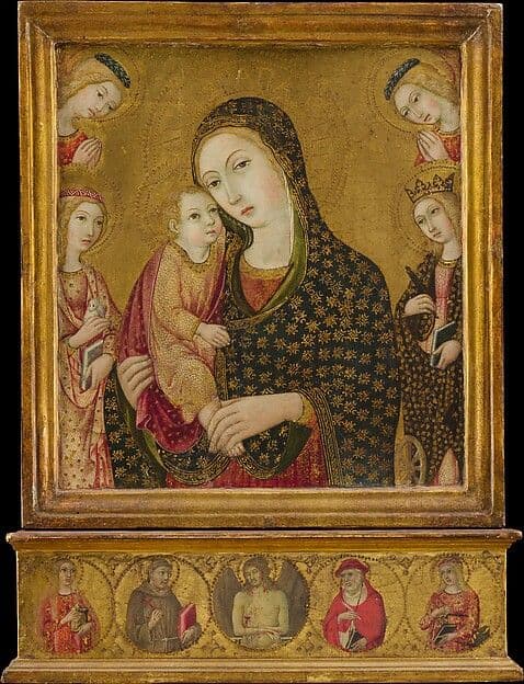 Madonna and Child with the Dead Christ, Saints Agnes and Catherine of Alexandria, and Two Angels — Sano di Pietro