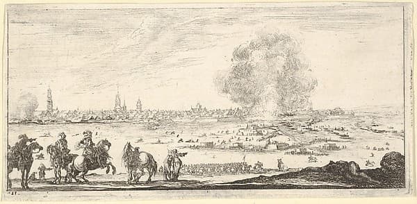 Plate 11: an attack on a city, horsemen in foreground, clouds of smoke and a cityscape in background, from 'Troops, cannons, and attacks on towns' (Dessins de quelques conduites de troupes, canons, et ataques de villes) — Stefano Della Bella