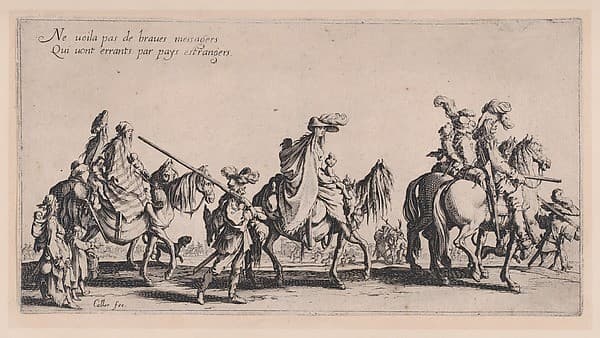 Procession of Roma men, women, and children on horseback and on foot — Jacques Callot