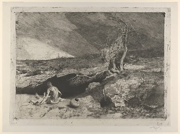The Anchorite: a partially naked man seated at left in a landscape with what appears to be a long sheet unfolded over his knees — Marià Fortuny