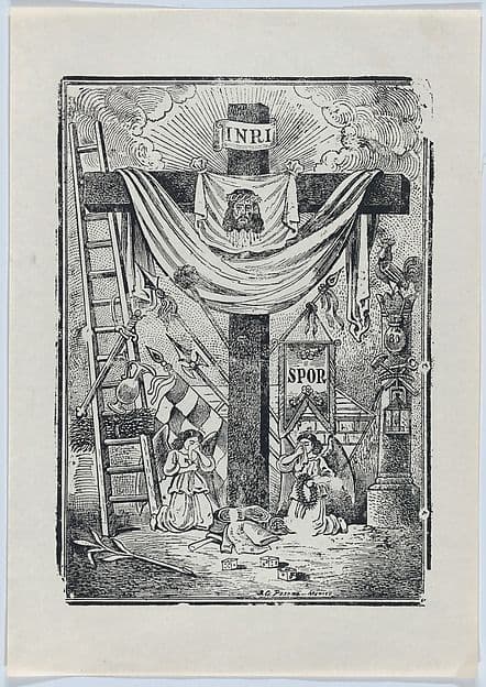 The cross decorated with instruments of the passion of Christ, two weeping angels below — José Guadalupe Posada