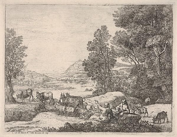 Shepherd and shepherdess conversing in a landscape, with a bridge in the background — Claude Lorrain
