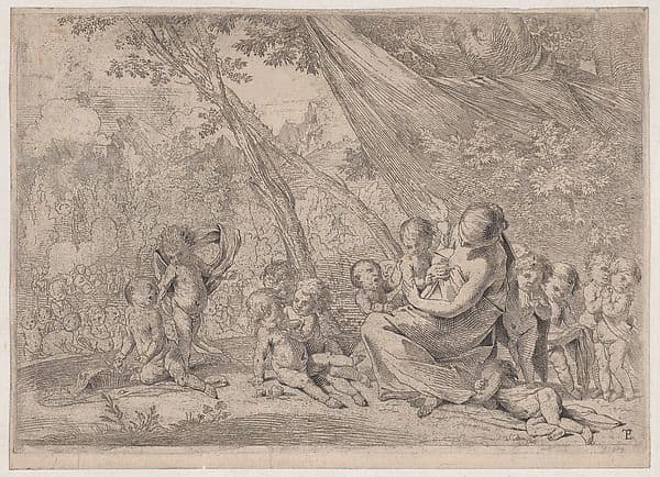 The garden of charity, woman representing Charity at right surrounded by children — Pietro Testa