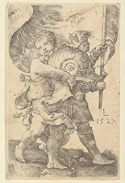 Two Boys with a Helmet and Standard — Lucas van Leyden