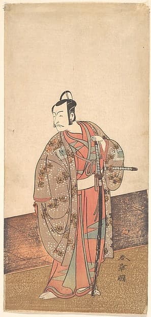 The Actor Ichikawa Danjuro V standing inside of a house and in front of an engawa — Katsukawa Shunshō