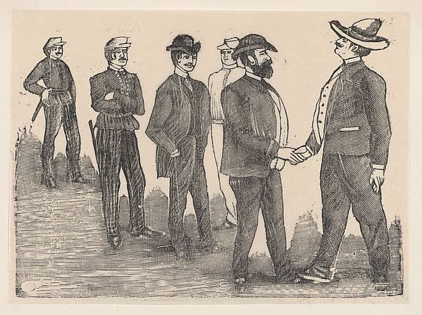 Two men shaking hands in the foreground and officers watching them in the background — José Guadalupe Posada