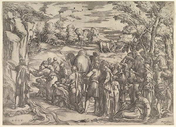 Moses Drawing Water from the Rock, at left with water flowing, various figures and animals waiting at right — Battista Franco
