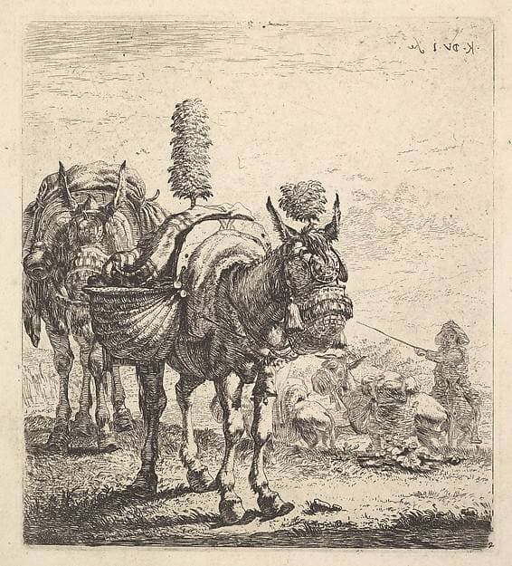 Two mules bearing panniers and outfitted with blinders, plumes, and tassels; one mule in three-quarter view and behind it a mule in frontal view; beyond a man mounted on a horse directs mules with a rod — Karel Dujardin